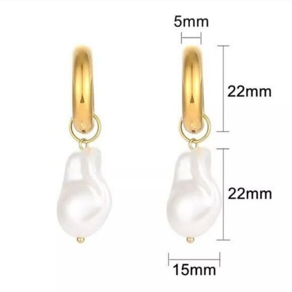 Vintage Pearl Baroque Charm PVD 18K Plated Gold Hoop Earrings Stainless Steel - Picture 6 of 6